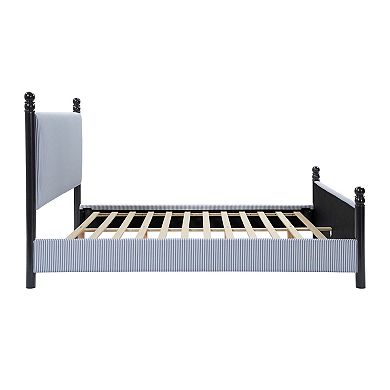 Pnronnc Striped Rubberwood Upholstered Bed Frame Platform Bed with High Headboard