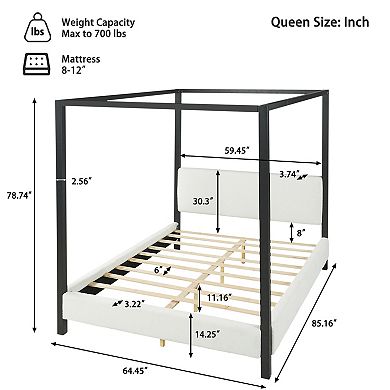 Pnronnc Boucle Upholstered Platform Bed Metal Canopy Bed