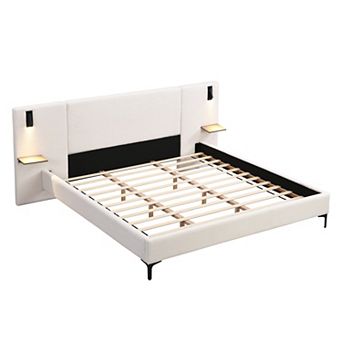 Pnronnc Upholstered Platform Bed Chic Boucle Bed Frame with Reading Lights and Storage Shelves