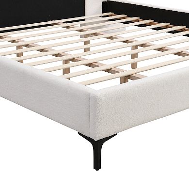Pnronnc Upholstered Platform Bed Chic Boucle Bed Frame with Reading Lights and Storage Shelves