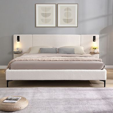Pnronnc Upholstered Platform Bed Chic Boucle Bed Frame with Reading Lights and Storage Shelves