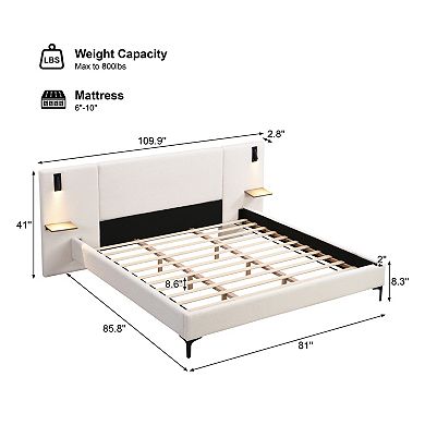 Pnronnc Upholstered Platform Bed Chic Boucle Bed Frame with Reading Lights and Storage Shelves