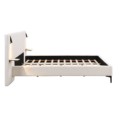 Pnronnc Upholstered Platform Bed Chic Boucle Bed Frame with Reading Lights and Storage Shelves