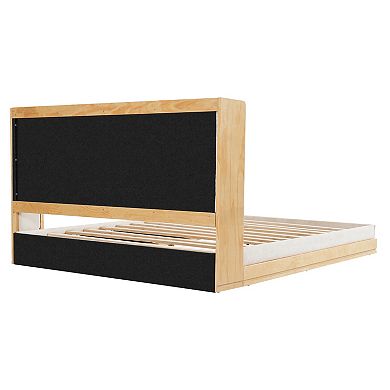 Pnronnc Floor Upholstered Bed Frame Wood Platform Bed with Headboard