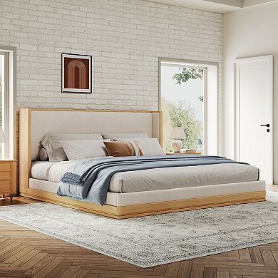 Pnronnc Floor Upholstered Bed Frame Wood Platform Bed with Headboard
