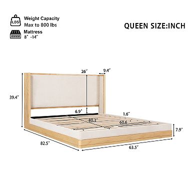 Pnronnc Floor Upholstered Bed Frame Wood Platform Bed with Headboard