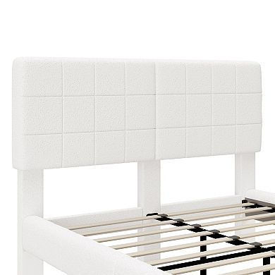 Pnronnc Floating Bed Frame Boucle Platform Bed with LED Light Strip