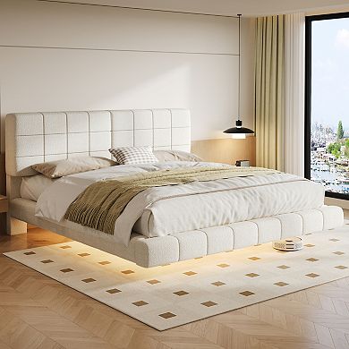Pnronnc Floating Bed Frame Boucle Platform Bed with LED Light Strip