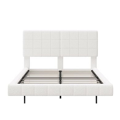 Pnronnc Floating Bed Frame Boucle Platform Bed with LED Light Strip