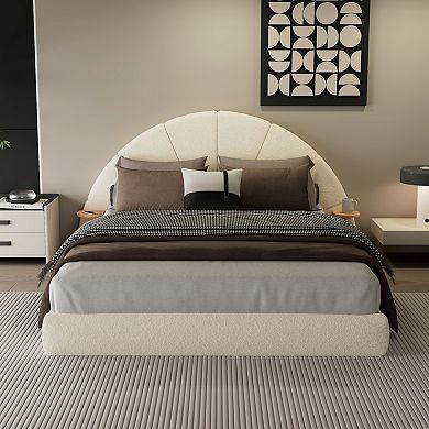 Pnronnc Upholstered Platform Bed Arched Boucle Bed Frame with Built-in Side Table