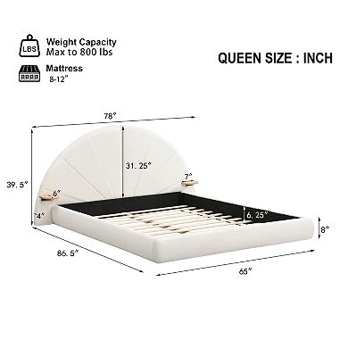 Pnronnc Upholstered Platform Bed Arched Boucle Bed Frame with Built-in Side Table