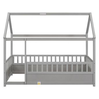 Pnronnc Wooden Frame House Floor Bed with Roof Frame and Safety Guardrails