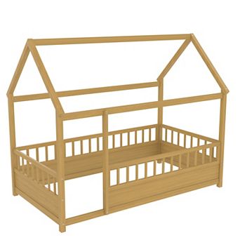 Pnronnc Wooden Frame House Floor Bed with Roof Frame and Safety Guardrails