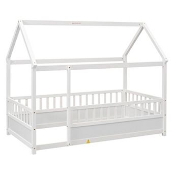 Pnronnc Wooden Frame House Floor Bed with Roof Frame and Safety Guardrails