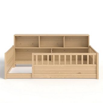 Pnronnc Kids Floor Bed Frame Wooden Storage Bed with Fence Guardrail