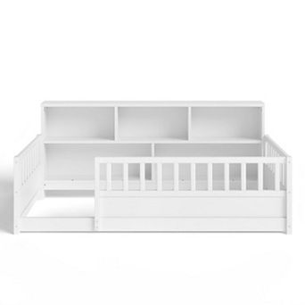 Pnronnc Kids Floor Bed Frame Wooden Storage Bed with Fence Guardrail