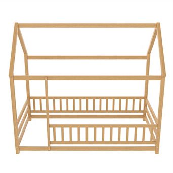Pnronnc Kids House Floor Bed Frame with House Roof Frame and Fence Guardrails