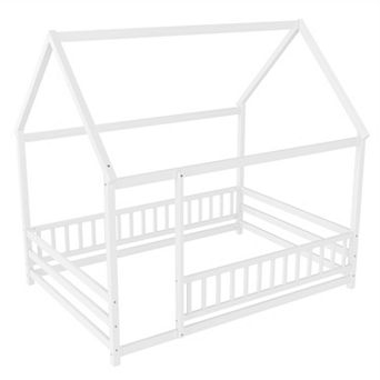 Pnronnc Kids House Floor Bed Frame with House Roof Frame and Fence Guardrails