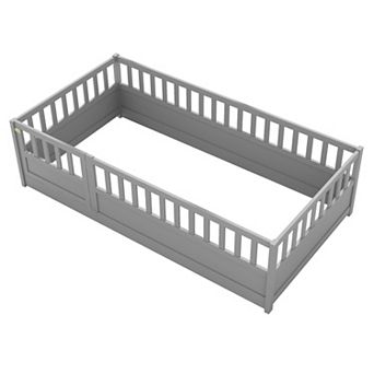 Pnronnc Wooden Children's Bed Frame Montessori Floor Bed with Safety Fence and Door
