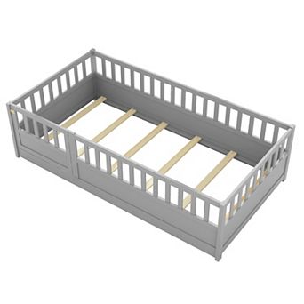 Pnronnc Wooden Children's Bed Frame Montessori Floor Bed with Safety Fence and Door