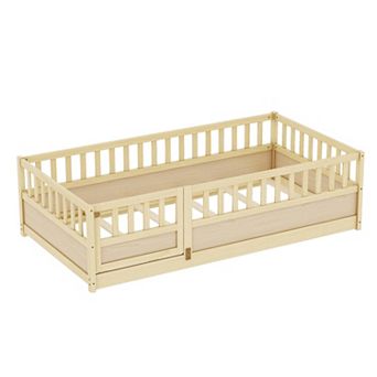 Pnronnc Wooden Children's Bed Frame Montessori Floor Bed with Safety Fence and Door