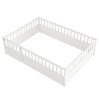 Pnronnc Wooden Children's Bed Frame Montessori Floor Bed with Safety Fence and Door