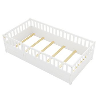 Pnronnc Wooden Children's Bed Frame Montessori Floor Bed with Safety Fence and Door