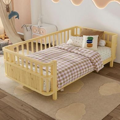 Pnronnc Wood Kids Bed Frame Low Platform Bed with Safety Railings