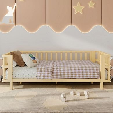 Pnronnc Wood Kids Bed Frame Low Platform Bed with Safety Railings