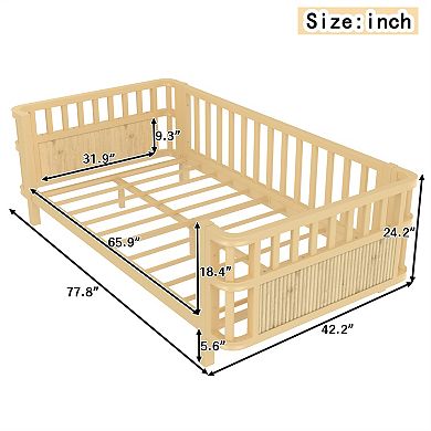 Pnronnc Wood Kids Bed Frame Low Platform Bed with Safety Railings