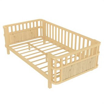 Pnronnc Wood Kids Bed Frame Low Platform Bed with Safety Railings