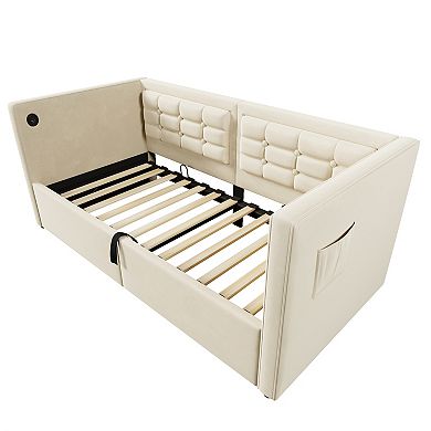Pnronnc Twin Velvet Upholstered Daybed Hydraulic Storage Bed Frame with USB Charging