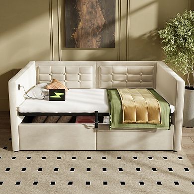 Pnronnc Twin Velvet Upholstered Daybed Hydraulic Storage Bed Frame with USB Charging