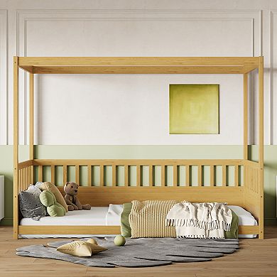 Pnronnc Kids Canopy Floor Bed Four Poster Bed Frame with Guardrails