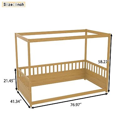 Pnronnc Kids Canopy Floor Bed Four Poster Bed Frame with Guardrails