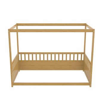 Pnronnc Kids Canopy Floor Bed Four Poster Bed Frame with Guardrails