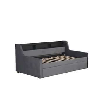 Pnronnc Velvet Twin Daybed Pull-Out Bed Frame with LED Lights and Charging Station