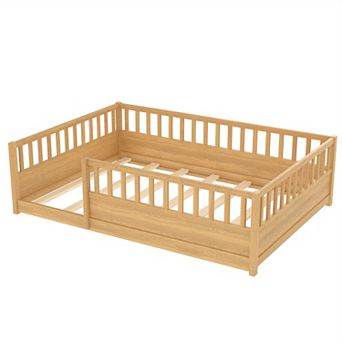 Pnronnc Montessori Floor Bed Wooden Kids Bed Frame with Door and High Safety Fence