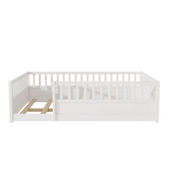 Pnronnc Montessori Floor Bed Wooden Kids Bed Frame with Door and High Safety Fence