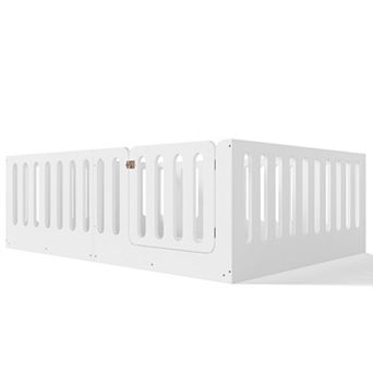 Pnronnc Kids Montessori Wood Floor Bed Frame with High Fence and Door