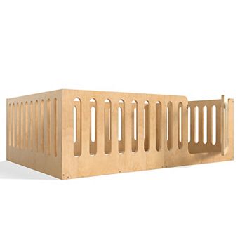 Pnronnc Kids Montessori Wood Floor Bed Frame with High Fence and Door
