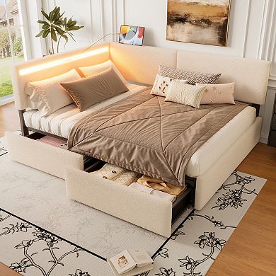 Pnronnc Boucle Upholstered Daybed with 2 Drawers Storage Bed Frame with LED Light & USB Charging