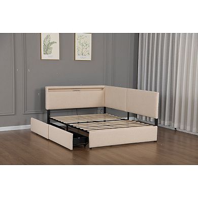 Pnronnc Boucle Upholstered Daybed with 2 Drawers Storage Bed Frame with LED Light & USB Charging