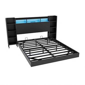 Pnronnc Floating Bed Frame with Storage Headboard Modern Platform Bed with USB and LED Lights