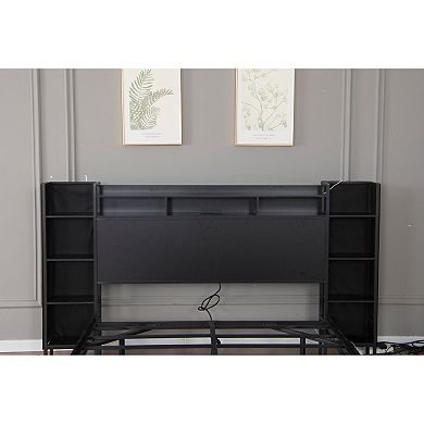 Pnronnc Floating Bed Frame with Storage Headboard Modern Platform Bed with USB and LED Lights
