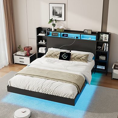 Pnronnc Floating Bed Frame with Storage Headboard Modern Platform Bed with USB and LED Lights