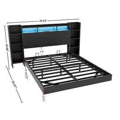 Pnronnc Floating Bed Frame with Storage Headboard Modern Platform Bed with USB and LED Lights
