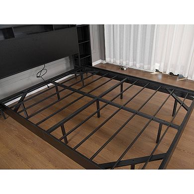 Pnronnc Floating Bed Frame with Storage Headboard Modern Platform Bed with USB and LED Lights