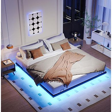 Pnronnc Floating Metal Bed Frame with LED Lights Modern Platform Bed