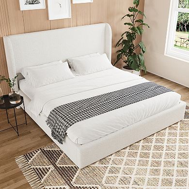 Pnronnc Boucle Upholstered Cloud Platform Bed Frame with Wingback Headboard and Wood Legs